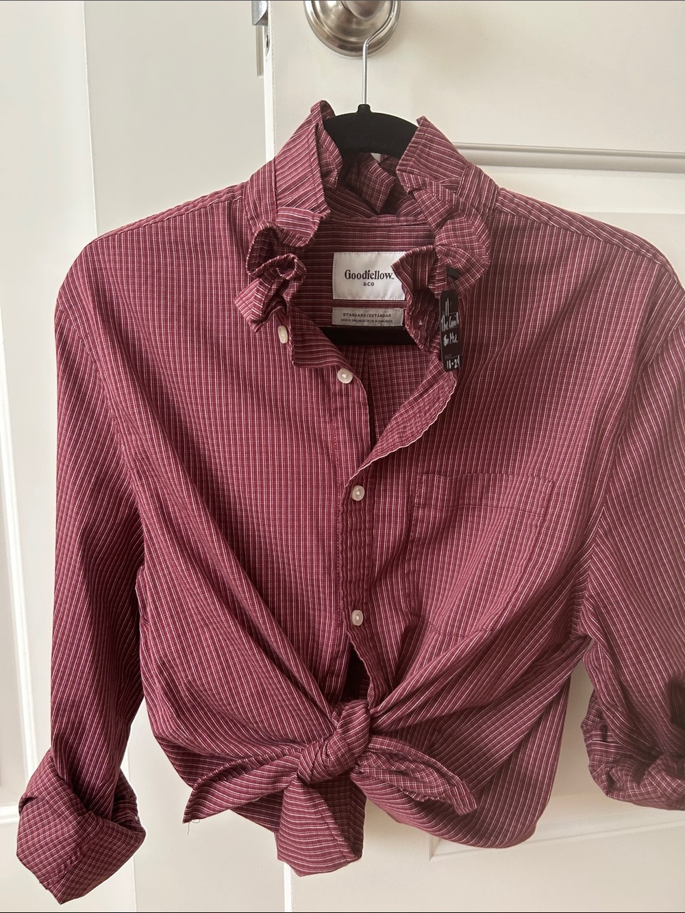 Mens red wine striped shirt recreated into a ruffled collar women’s shirt.